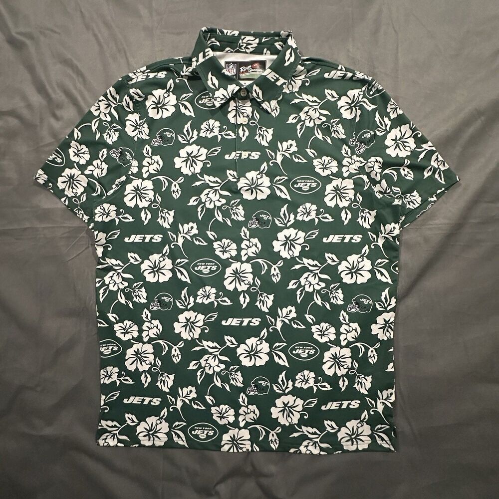 Reyn Spooner Shirt Mens Medium New York Jets Hawaiian Polo Button Green Sports